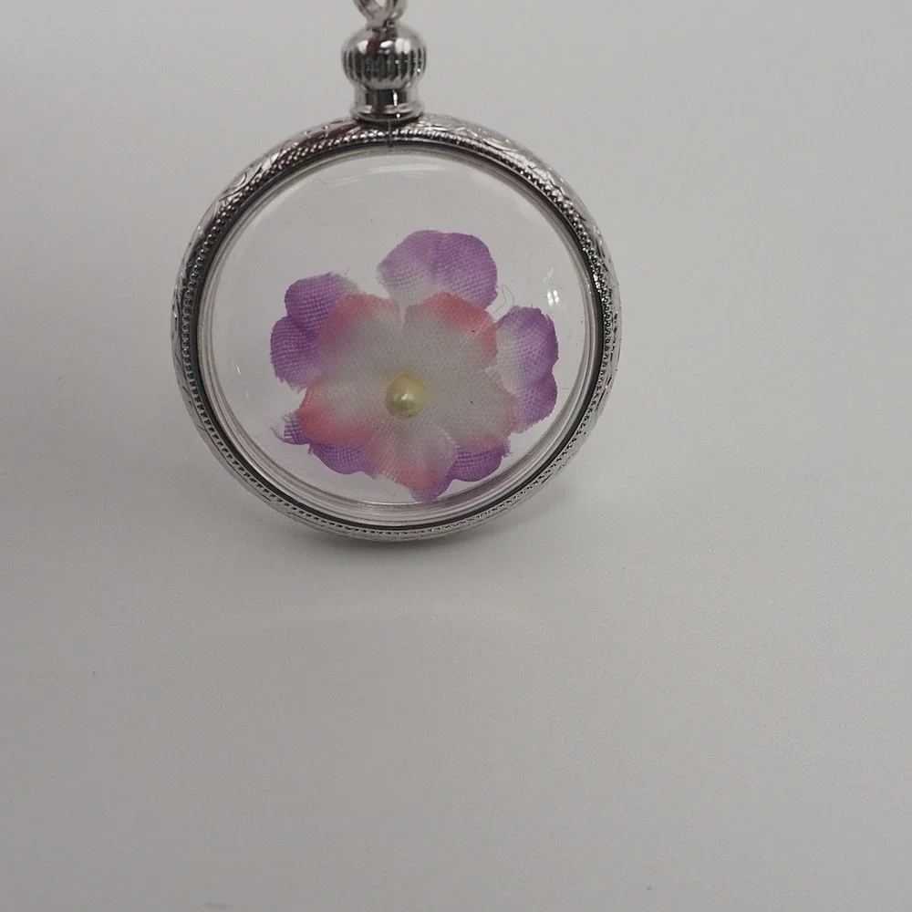 Vintage Avon Necklace Purple Flower Collectors Locket Pendant Silver Tone Chain